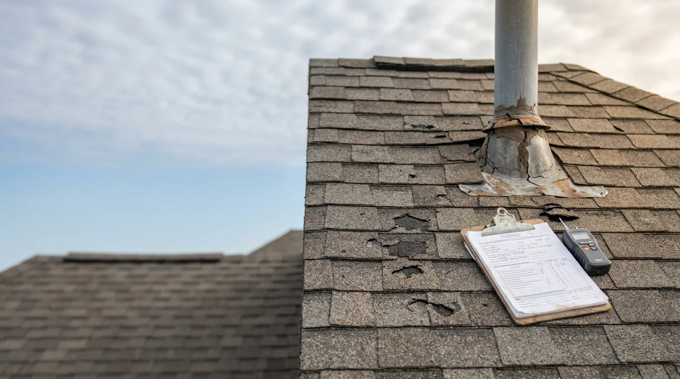 A Rescue Roofing contractor inspecting shingles and flashing on a residential roof in Owasso, Oklahoma after a hail storm. Close-up view shows granule loss and damaged shingle edges in a typical northeast Oklahoma neighborhood.