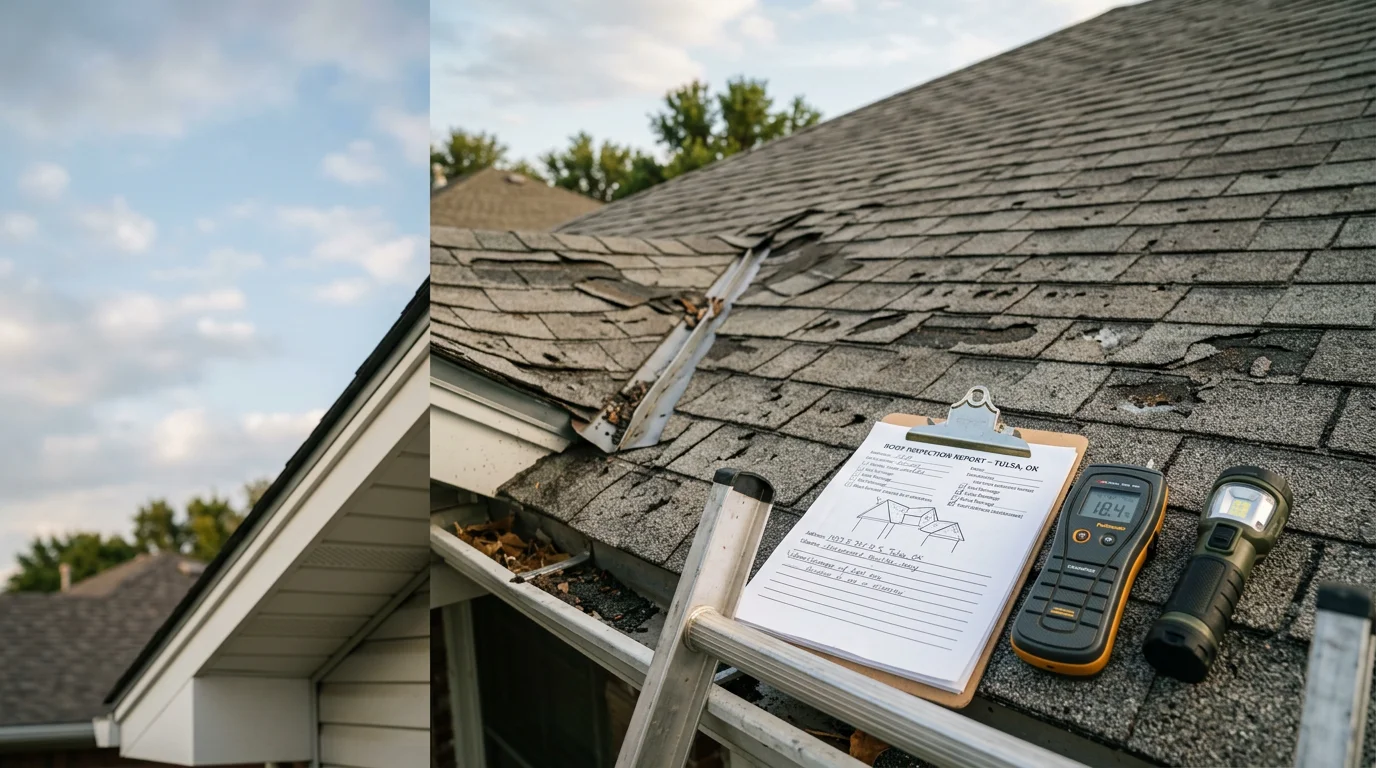 A Rescue Roofing contractor inspecting shingles and flashing on a residential roof in Owasso, Oklahoma after a storm. Close-up view of the roof surface showing the inspection process on a typical northeastern Oklahoma home.