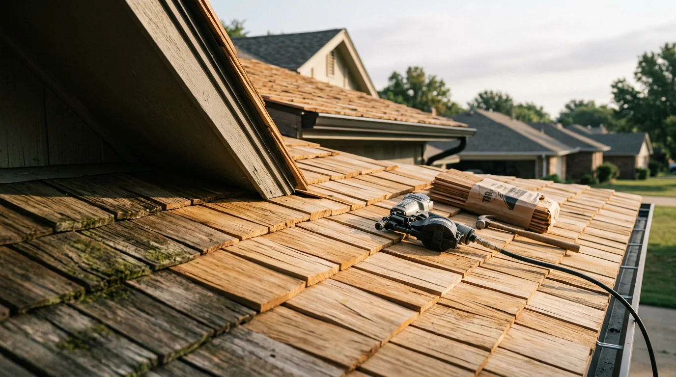 Close-up view of a wood shake roof on a residential home in Owasso, Oklahoma, showing natural wood texture and layered shake installation. A Rescue Roofing crew member inspects the shake field for storm damage and moisture wear.
