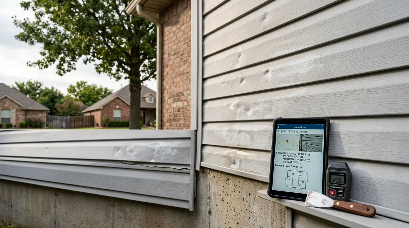 A Rescue Roofing contractor inspecting the exterior siding panels of a single-family home in Owasso, Oklahoma, checking for hail damage and panel separation. Close-up view shows a gloved hand pressing along a seam line on the home's sidewall during a post-storm inspection.