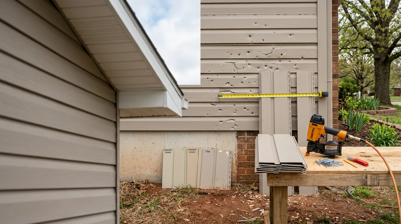A Rescue Roofing crew member inspecting hail-damaged siding panels on a single-family home in Owasso, Oklahoma. Close-up view shows cracked and dented exterior siding along the side wall of a residential property after a spring storm.