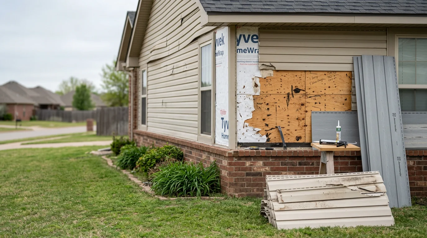 A freshly sided single-family home in Owasso, Oklahoma with new panels installed on the front and side elevations. The old storm-damaged siding has been fully removed and replaced, showing clean lines and consistent color across the exterior wall.