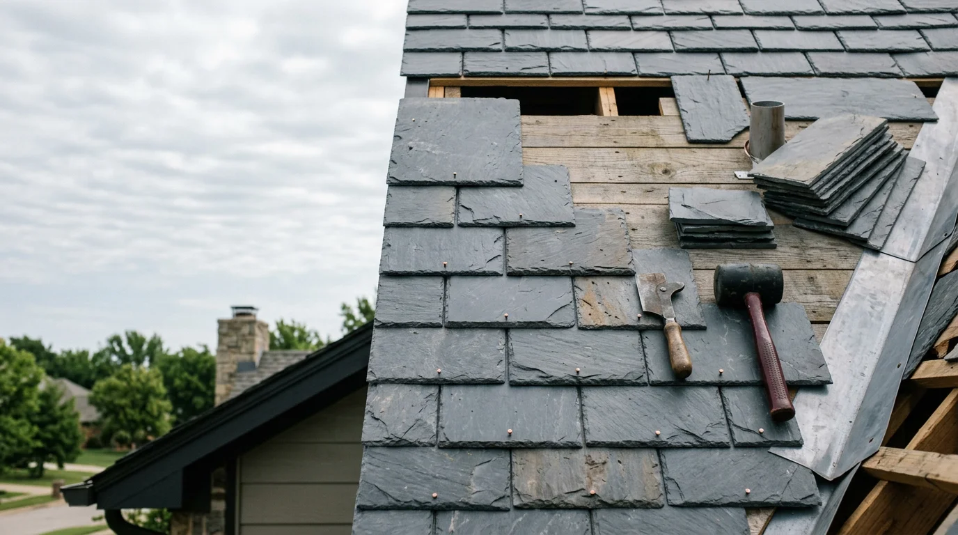 A completed natural slate roof installation on a residential home in Owasso, Oklahoma, showing uniform slate tiles and clean ridge lines. Close-up view highlights the texture and layering of individual slate pieces against a clear sky.