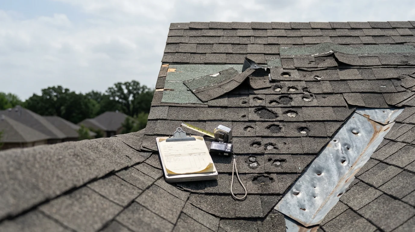 A Rescue Roofing inspector examining hail damage on an asphalt shingle roof in Owasso, Oklahoma, with visible granule loss and bruising on the shingle surface. The inspection takes place on a residential home in the Owasso area following a severe spring storm.