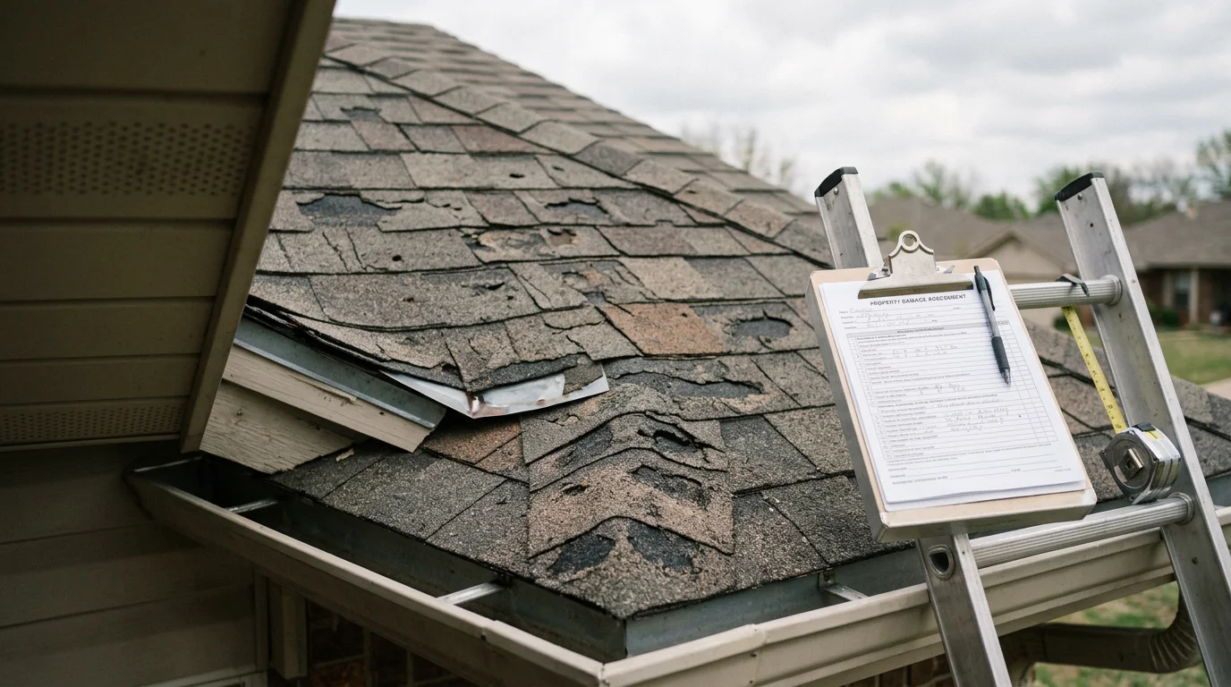 A storm-damaged residential roof in Owasso, Oklahoma showing hail impact marks and missing shingles after a severe weather event. A Rescue Roofing crew member inspects the damaged shingle field from the rooftop.