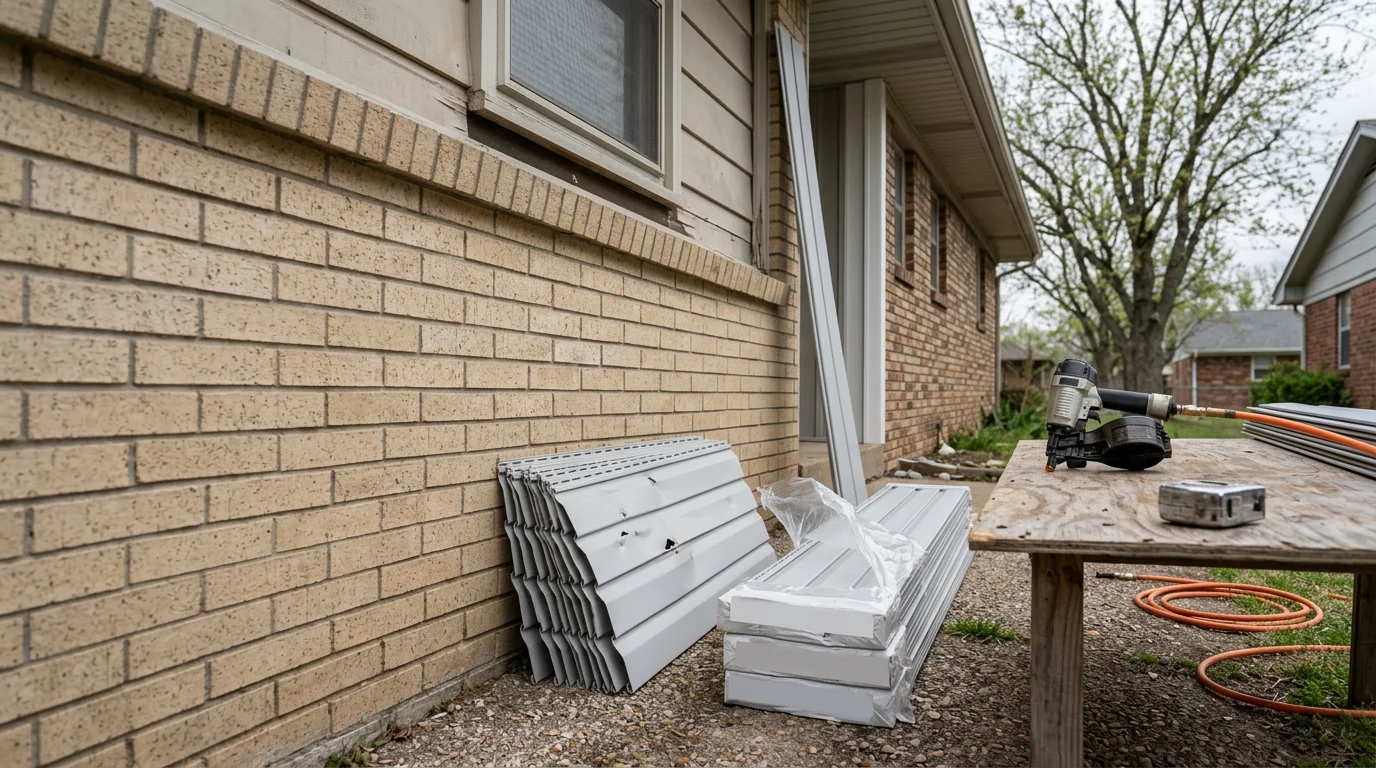 A two-story Owasso, Oklahoma home with freshly restored exterior siding after hail damage, showing uniform panel alignment and clean trim along the roofline. The repaired sections blend with the original siding across all visible elevations of the suburban home.