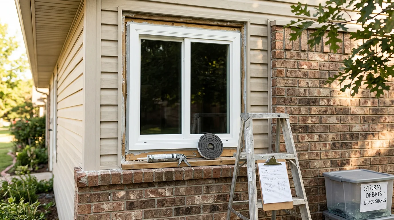 A technician from Rescue Roofing inspecting a cracked and hail-damaged window frame on a residential home in Owasso, Oklahoma. The window shows visible glass fractures and frame damage consistent with a severe Oklahoma storm.