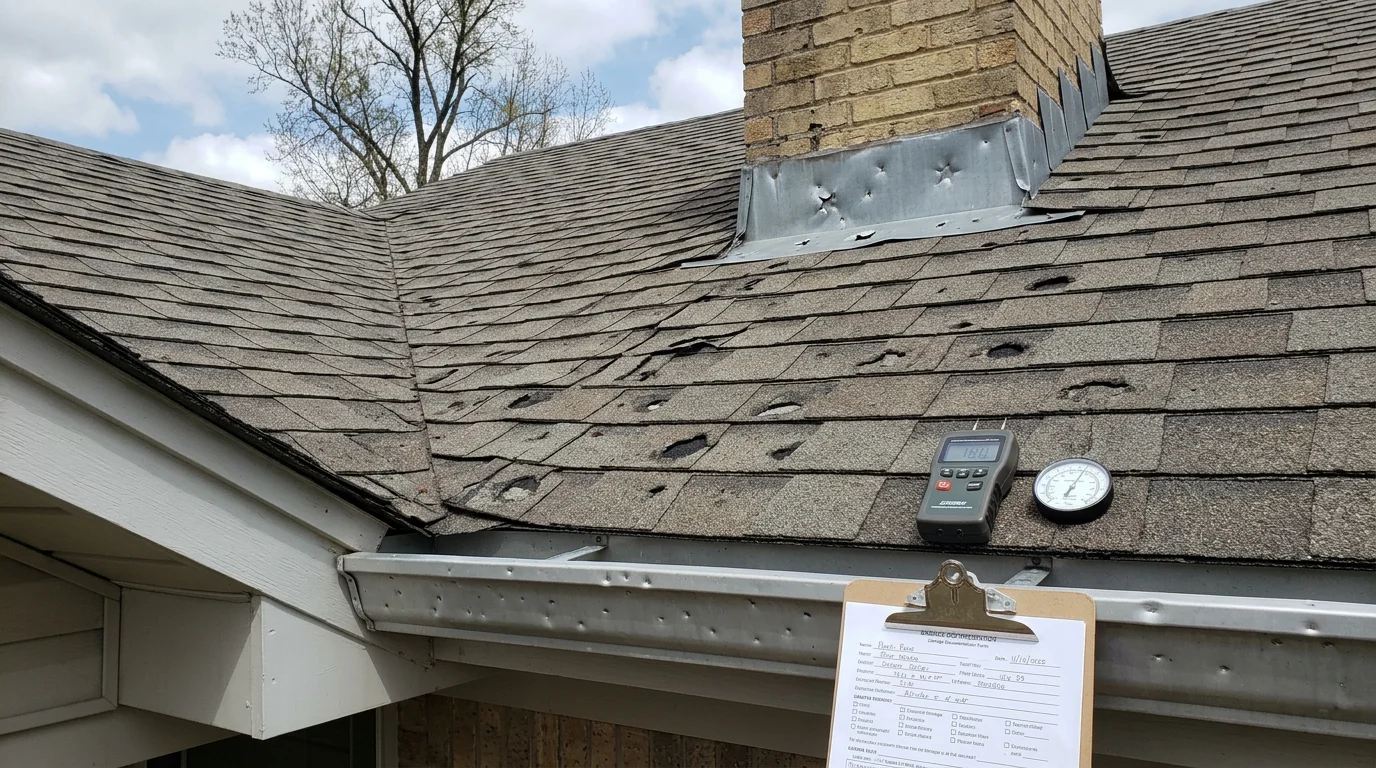 Close-up of an Owasso home roof showing hail impact damage with granule loss on asphalt shingles and denting on a metal roof vent after a severe Oklahoma storm. A roofing contractor from Rescue Roofing inspects the damaged area from the roof surface.