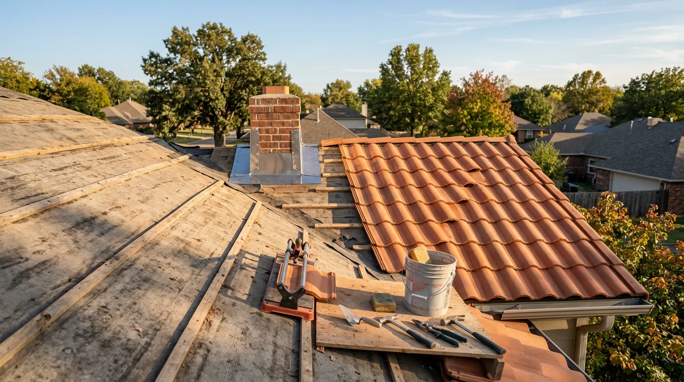 A completed tile roof installation on a residential home in Owasso, Oklahoma, showing clay tiles laid across the full roof slope with finished ridge caps and flashing at the chimney.