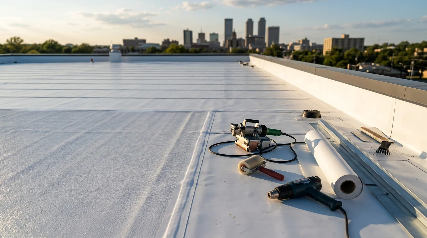 A completed TPO roofing installation on a flat commercial roof in Owasso, Oklahoma, showing clean white membrane seams and properly sealed flashing around rooftop equipment. The reflective white surface contrasts against a clear Oklahoma sky.