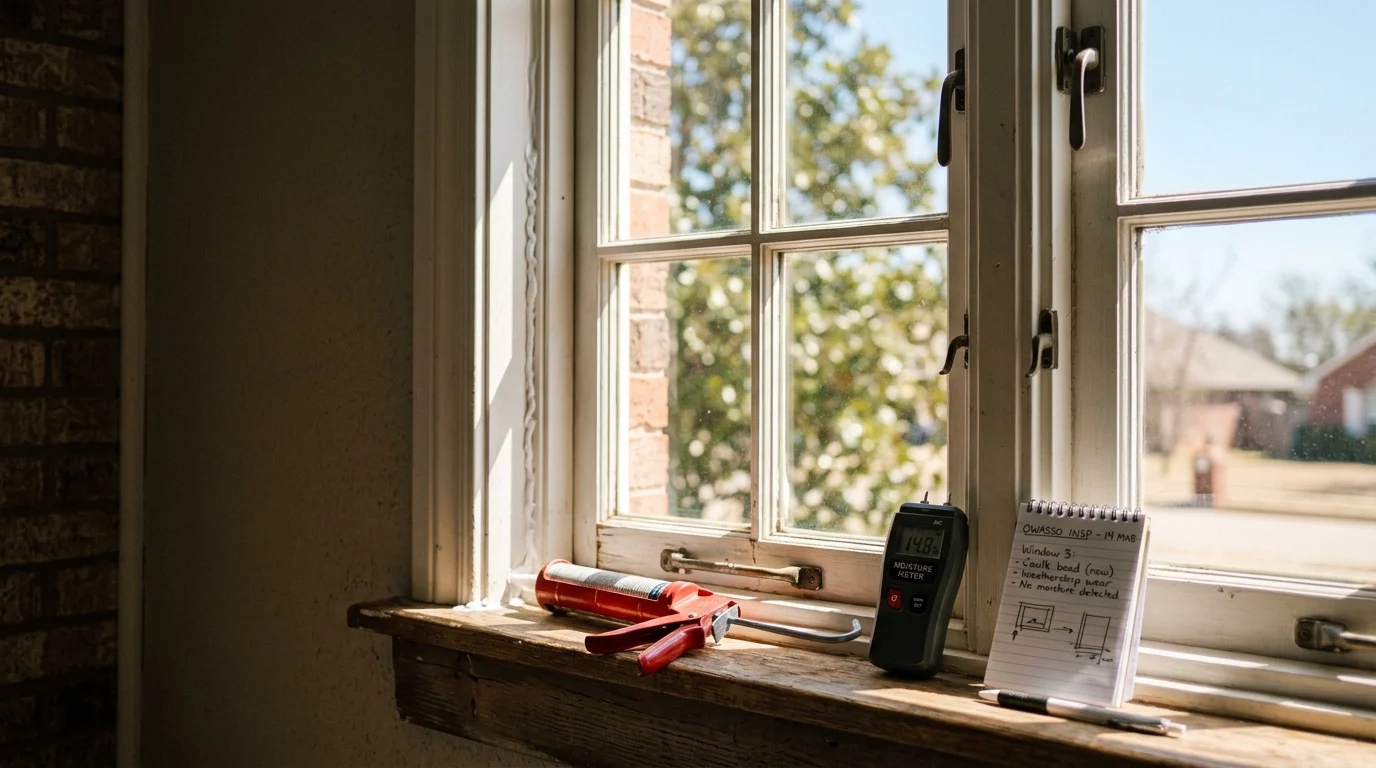 A Rescue Roofing technician inspecting a window frame and seal on a residential home in Owasso, Oklahoma. Close-up view shows the inspector examining caulking and sash condition on the exterior of the house.
