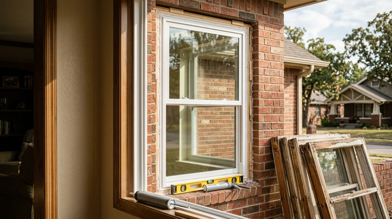 A newly installed window on a brick single-story home in Owasso, Oklahoma, with clean frame lines and a tight exterior seal. The installation shows flush framing against the exterior wall with no visible gaps or weathering.