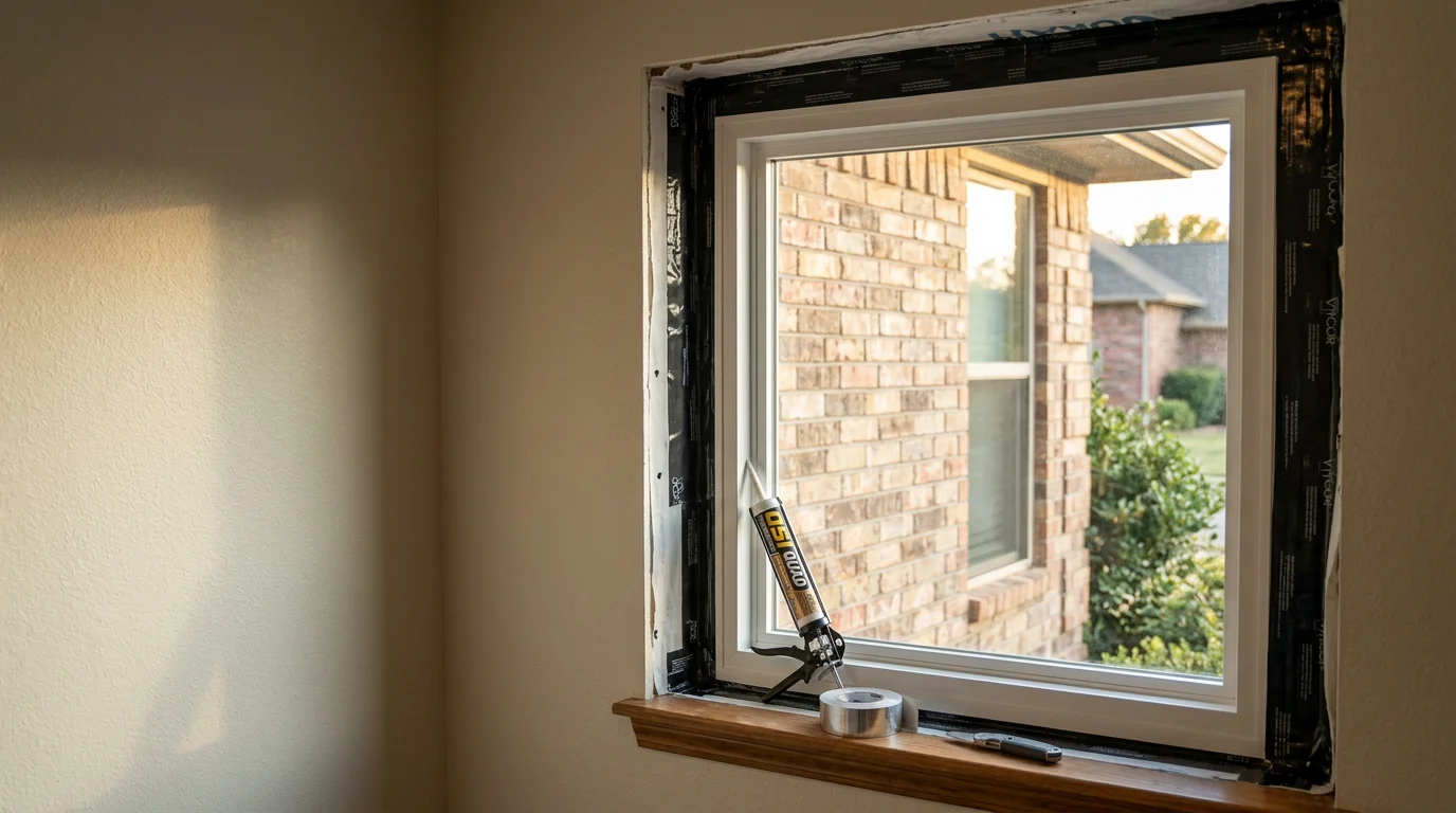 A freshly installed replacement window on a single-family home in Owasso, Oklahoma, showing a clean frame, clear glass, and tight exterior seal. The surrounding brick exterior reflects a typical Owasso residential subdivision home.