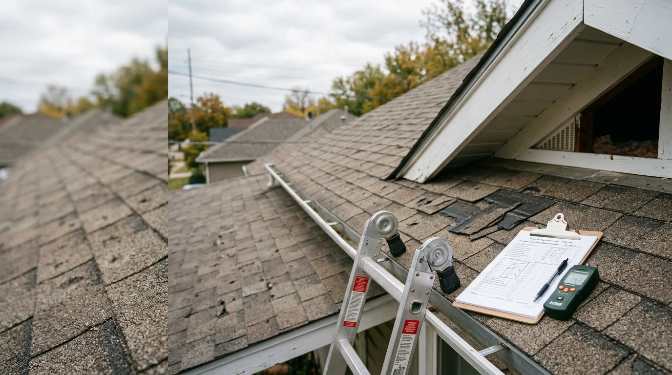 A Rescue Roofing inspector examining shingles and flashing on a residential roof in Owasso, Oklahoma after a storm. Close-up view shows granule loss and a written inspection report being completed on-site.